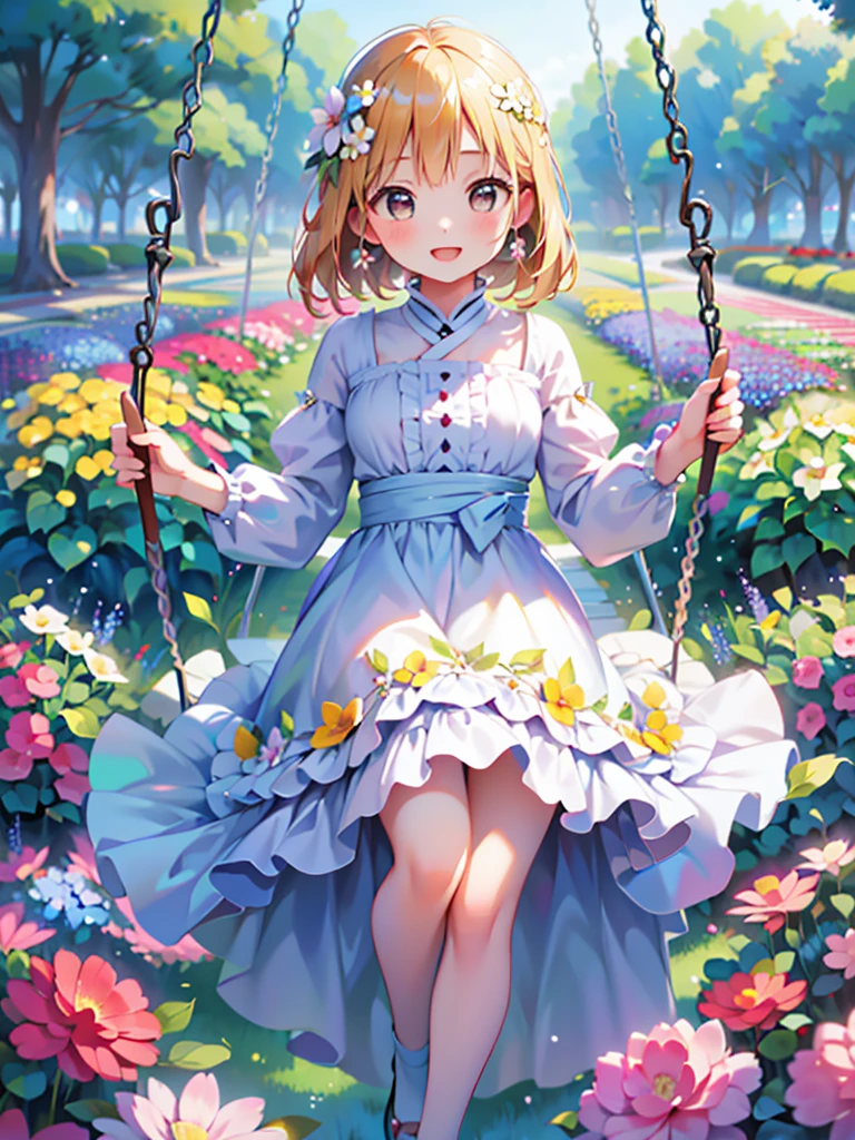  best quality、 冬、ロングスカート、concept art 、❴Beautiful girl riding a swing in a flower garden❵、❴ cute face❵、Beautiful Skin、 beautiful smile、 an expression that captivates the viewer 、(Fantastic）、A gorgeous depiction、Exact Configuration、masterpiece、4K