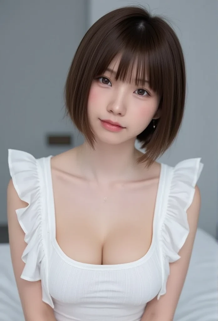 (top-quality, ​masterpiece,  high definition ),  beautiful 18 year old woman 。 SEXY POSES, Slender body。 beautiful 18 year old woman 。slender。 She's wearing white off the shoulder with white ruffles。It only covers her breasts。Pull up your shoulders 、 gentle smile 、Show some teeth。 short bob hair、(Shoulder Bob、 straight hair 、 straight bang 、Eyebrow bangs)、Only one ear sticks out、 clear focus、( Film Lighting )、clavicle、earrings、 Necklace 、Light Gray Background

