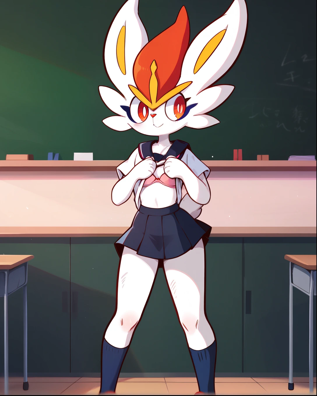 score_9, score_8_up, 1girl, cinderace, happy, full body, school, human proportions, looking at viewer, by diives, shy smile, rubor, standing, sensual pose, sugestive pose, classroom, salon de clases, school, black skirt, short skirt, ((anime school uniform)), white skin, furry girl, hair, fur body, white furry, lifting shirt, lift shirt, showing bra, pink bra.