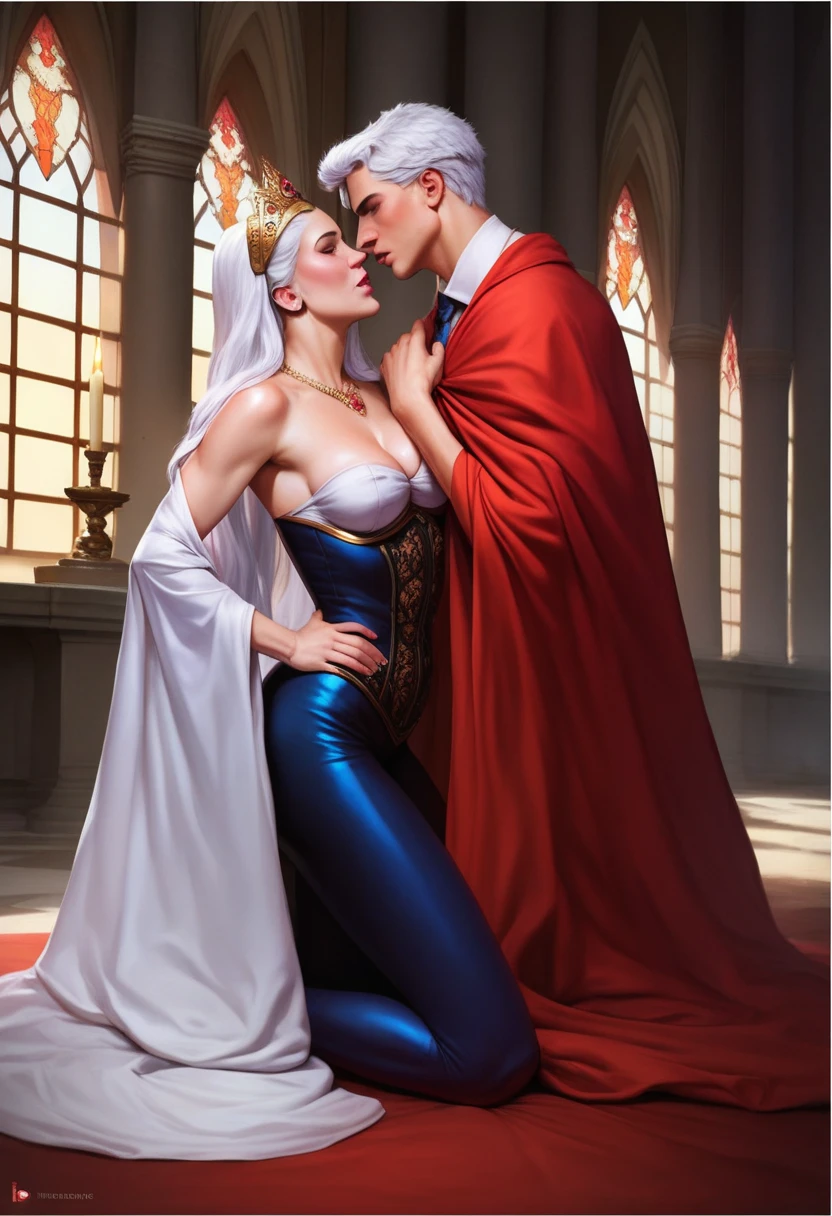 ((multiple thick body mature women age 40 American milf super model)) wearing Asgardian robe, maid standing by watching, (((1man sitting on long couch 1woman smothering breasts on face, side view, riding on top sex pose grab backside))) greeting customer, show nipples exposed