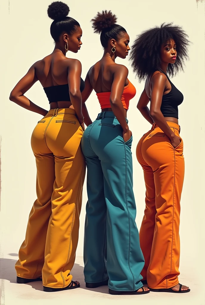 (Best quality, Ultra detailed, Golden ratio, Masterpiece:1.1), Kodak film, Imagery of three women, No men present, immensely massive booties, each wearing sleek sweater leggings that accentuate every curve, Dark melanin skin glistening under the warm lighting, Wide rhombus trapezoidal hips that exude confidence and allure, (High saturation: 1.3), (Sharp focus on curvaceous bodies: 1.5), Volumetric lighting, Dramatic shadows, subtle highlights, (Bold colors: 1.4), Retro aesthetic, Film grain texture, Sensual poses,