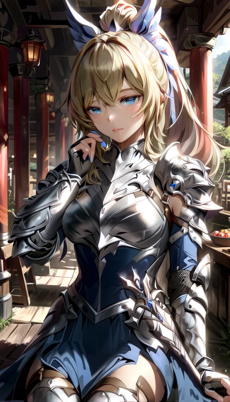  best quality、  Unity 8K Wallpaper、32K、masterpiece、 Very detailed、  ultra high resolution、 Very detailedな顔、 RAW photo、professional、Ultra-detailed paintings、Female Knight、 blue eyes、Blonde、 long ponytail、 blue dress 、Silver Armor、Shoulder rest、breastplate、Small Hands、waist support 、Shin guards、