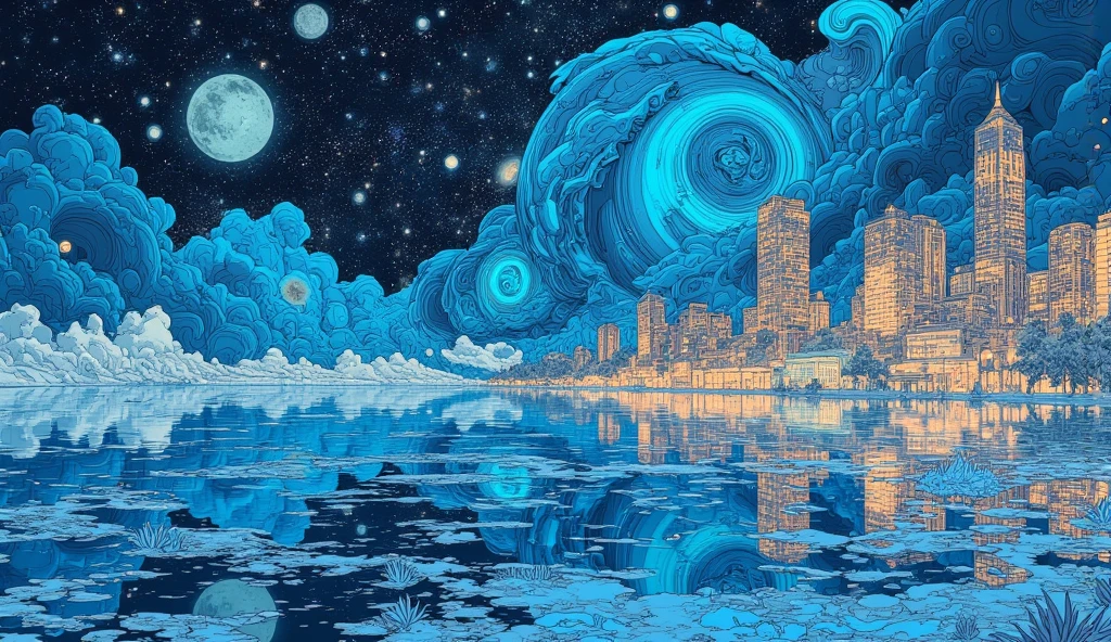 A large expanse of water in space, with images of beautiful earth cities reflected in it.