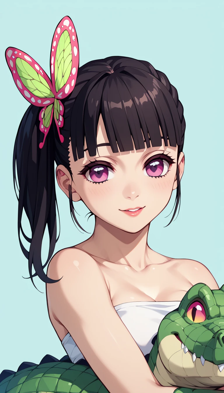  UHD, retina, textured skin, high quality, best quality, highres icon, 1080P, HD, 16k、 side　ponytail、 dark hair、Butterfly Hair Ornament 、tuyuri kanao、cute、 sexy、hugging　lots of　Alligator　stuffed toy,Alligator bandeau top、slim