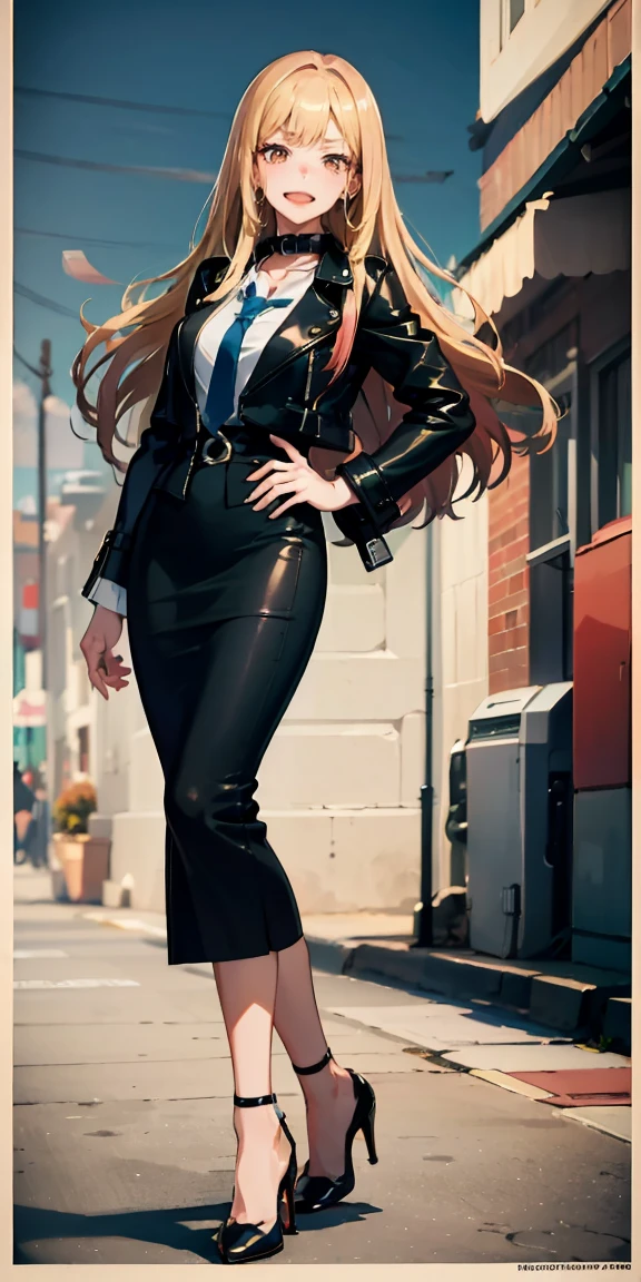 Marin Kitagawa,intenseglare,(best quality:1.6, highres), (beautiful detailed eyes:1.2), elevated, high-quality, beautiful face, 1 girl, leather pencil skirt, oversized leather jacket, blackbird, long hair, wide hips, landscape beautification, street, background, detailed background, sinister smile, angled laughter, long coat, blouse, tie, office woman, mature,((high heels)),A look of contempt,disgusting expression,((whip)),((collar)),