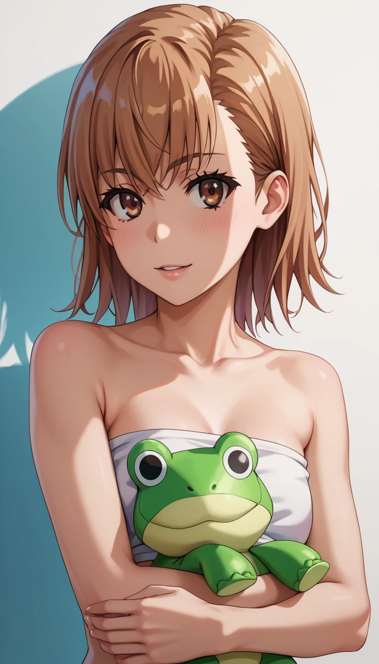  UHD, retina, textured skin, high quality, best quality, highres icon, 1080P, HD, 16k、misaka mikoto、 short hair、light　brown hair、 cute、 sexy、hugging　lots of frog　stuffed toy、frog Bear shirt、daisy duke bandeau top、slim