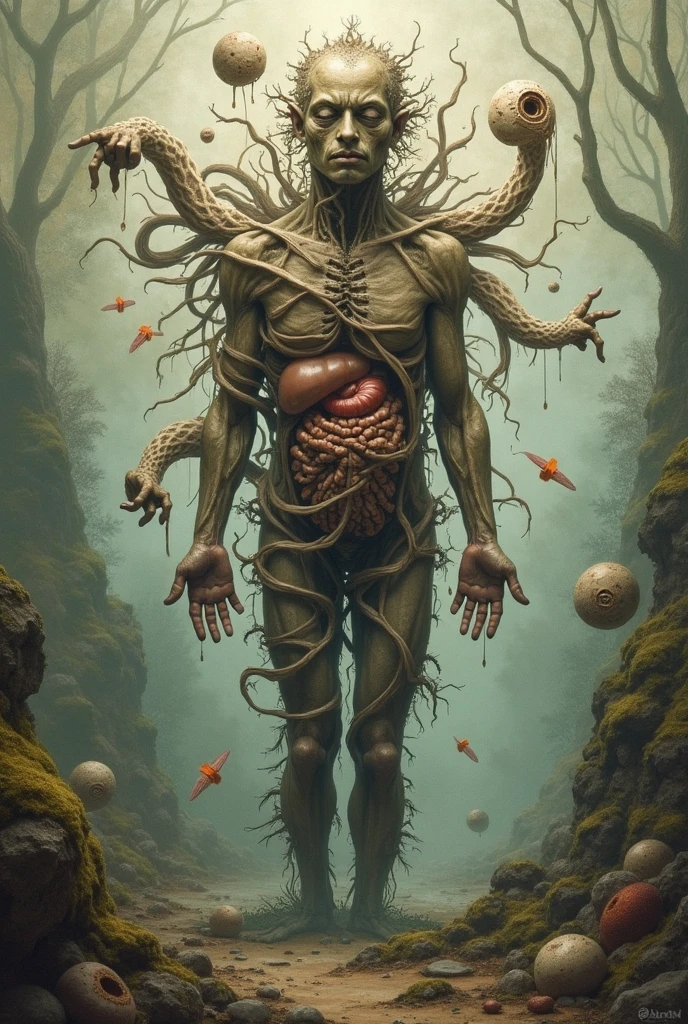 psychedelic, intricate, hyper detailed, artistic, human figure, anatomy, portrait, veins and arteries, scary, turning into cosmic ashes, body horror