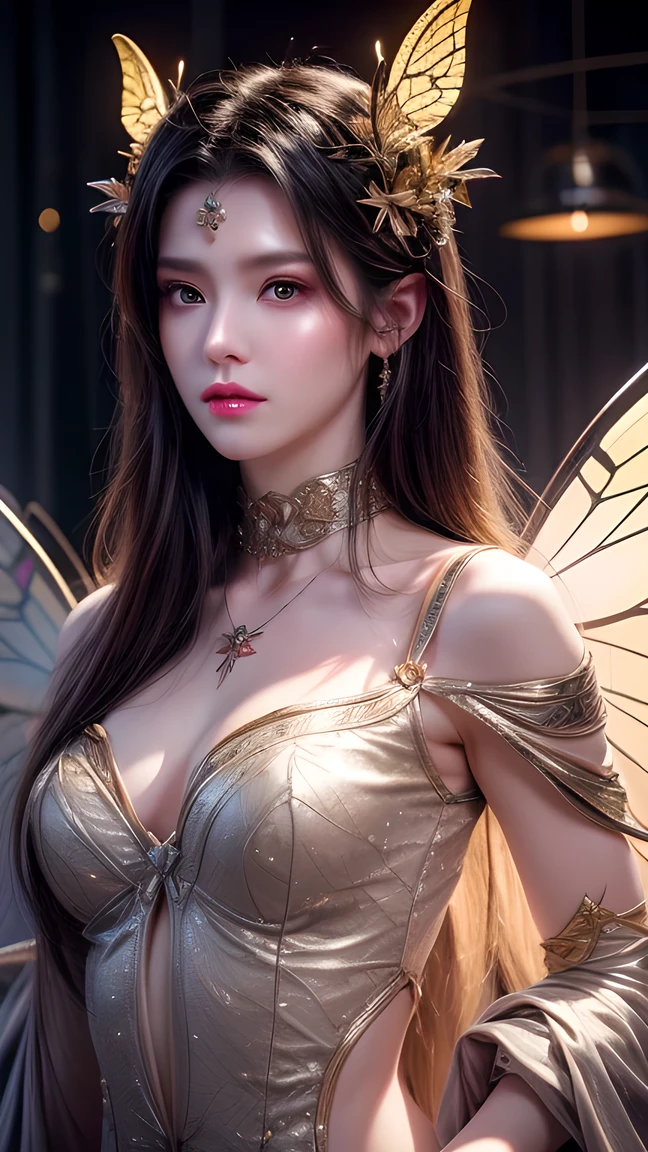 Beautiful Valkyrie,（best qualtiy，hyper HD, Masterpiece, 16k）,Goose egg face,largeeyes,long eyelasher,There are precious stones on the forehead,Exquisite（live-action realistic style）,Star-like eyes,Ultimate face,Photorealistic light and shadow,Clear facial features,Milky white skin,Fair skin, highdetailskin,Realistic skin details,Visible Pore,（Super detail）,Petite body,Carmelto, full bodyesbian,She wears long loose black hair and reaches her waist,（hair flowing）, Smoothness,Huge wings,Crystal wings,（Super detail）,Wear a transparent silk cardigan dress，Beautifully decorated,((dynamicposes),Lie down,Legs slightly open),Be red in the face,((Dynamic background((Red lightning)),Fantasy space，Luxurious space,NSFW：1.07