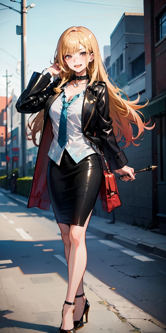 Marin Kitagawa,intenseglare,(best quality:1.6, highres), (beautiful detailed eyes:1.2), elevated, high-quality, beautiful face, 1 girl, leather pencil skirt, oversized leather jacket, blackbird, long hair, wide hips, landscape beautification, street, background, detailed background, sinister smile, angled laughter, long coat, blouse, tie, office woman, mature,((high heels)),A look of contempt,disgusting expression,((whip)),((collar)),