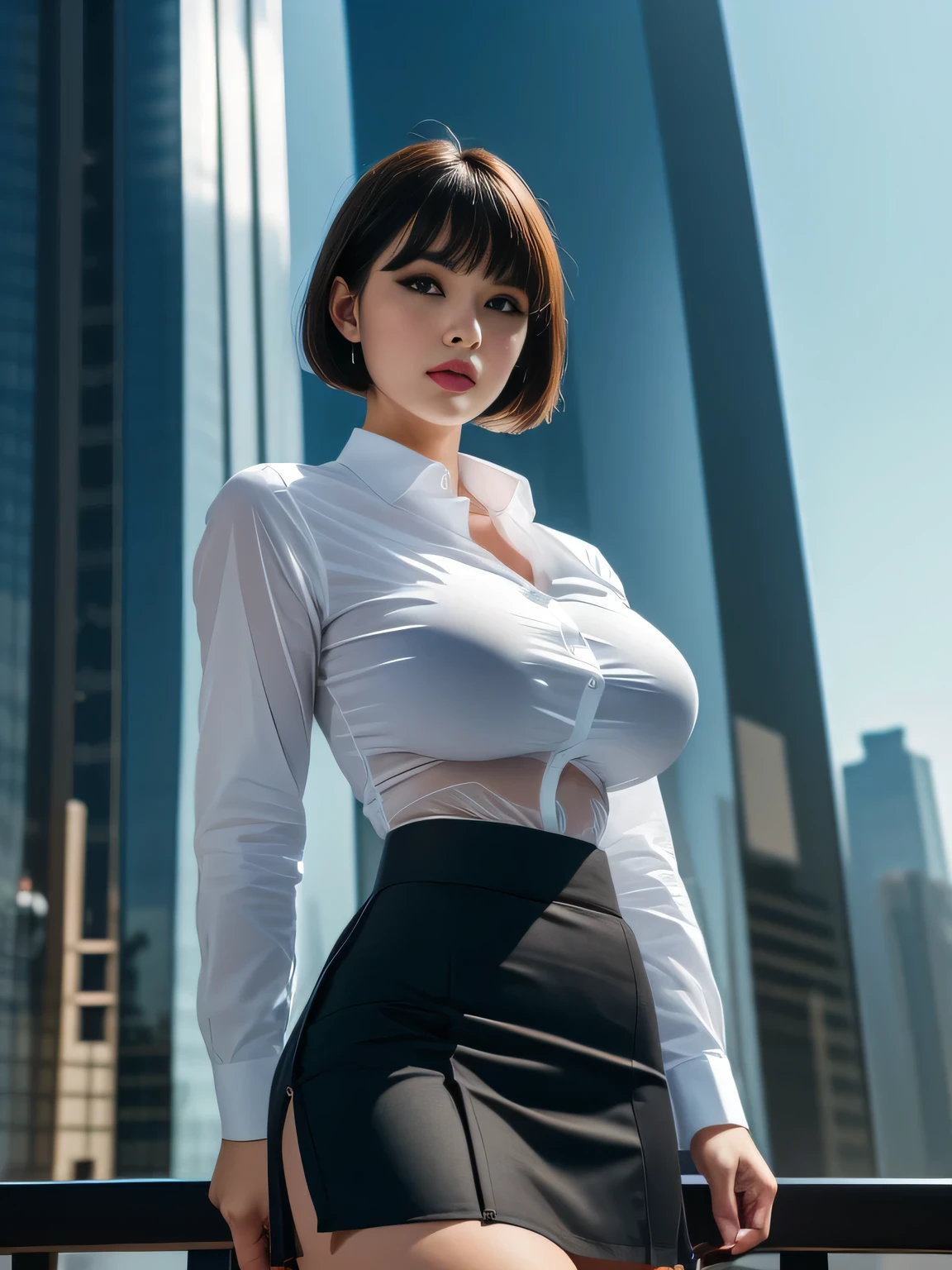 Tight-fitting business suit, High-waist pencil skirt, Wear business shirt under jacket, (Shirt tucked into skirt:1.5), Pantyhorse, Office district, Skyscrapers in the background, Daytime,
8K Quality, (High Resolution:1.25), (Realistic photo:1.5), (Raw photo:1.1), (Extremely detailed photo), (White balance:1.25), Absolute masterpiece,
(Looking at the viewer:1.3), Staring, Standing,
(Big breasts:1.2), (Lip make-up), Glossy skin, Bangs, Short wavy bob, Ultra pretty girl