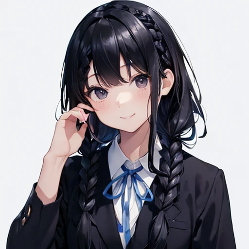 (( face up,  stares at viewers, front)), Like a passport photo, Solo Shot, 1 Girl,  College Student , Modern Japanese, (smile:1.4), (( black hair:1.8)), (( Braided Hair)), Straight bangs, Black Eyes, ((black blazer school uniform), ((blue school ribbon )), shy, Quiet, simple background in pastel colors, Science