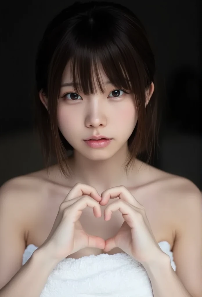 (8k, 32K, Raw Image,  Photographically,    ultra high resolution:1.2),      making a heart shape with both hands , Render as pictured , (  upper body portrait :1.2),     1 Japanese girl    , 24 years old, beautiful, (Long Hair),    double eyelid ,    high-resolution shiny blue eyes   ,     detailed face of the dining table   ,    perfect medium rounded bust , beautiful hands, (Pale skin:1.2), beautiful肌, ( dark   bedroom :1.3), pillow,    bed,   Concentration,    Sexy Face,   's expressive eyes  , smile, (   Hand Painted Bust   ),    staring at the camera  ,     detailed face of the dining table   , (   focus on the chest   :1.2),   messy hair ,    nude body wrapped in a large bath towel  , (    Thick White Cotton Bath Towel    :1.2),  ,    detailed fabric description   , (Low Saturation Tone   ,    dark theme   ,    in the dark   :1.3), Epic35mm   ,

