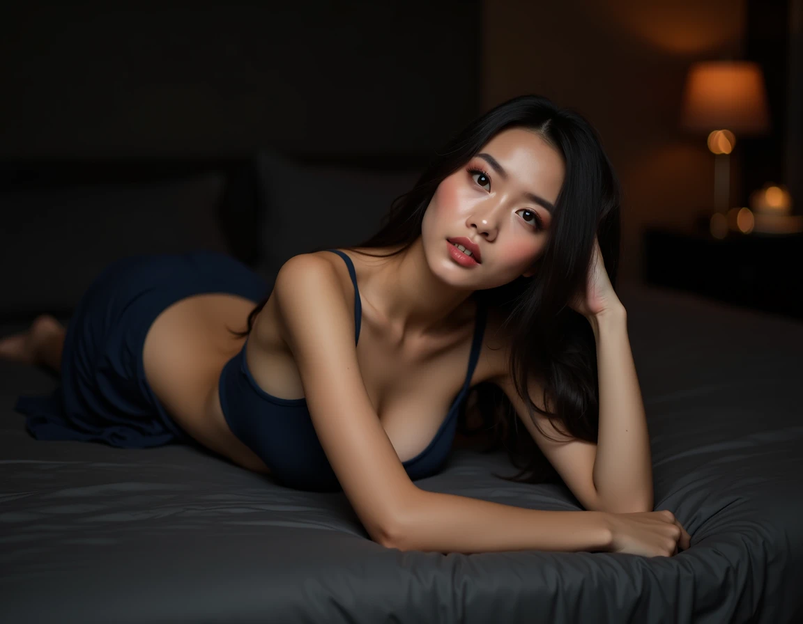 gere:   Korean woman lying on bed with elbows propped up, braided black hair, bold makeup, and well defined eyebrows.  she wears blue jeans visible in the photo.  serious and confident expression looking directly at the camera, room with a blacker vibe