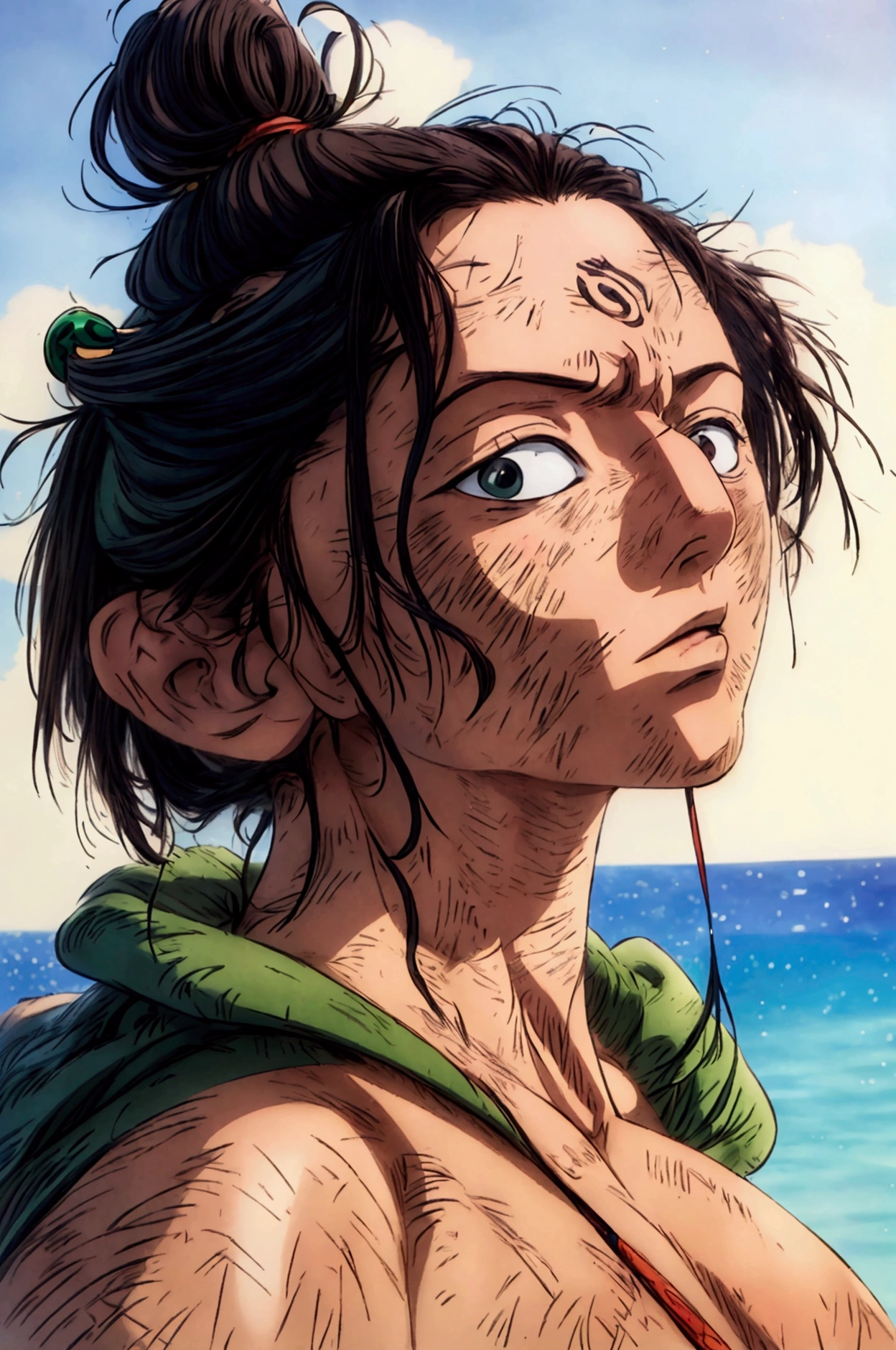 Japanese anime One Piece, Create an expansive illustration reminiscent of the popular action-adventure anime series. Short, spiky black hair with subtle, messy texture Eyes: Piercing emerald green Skin: Olive-toned complexion Build: Lean, athletic physique with defined muscles Scars: A small, jagged scar above his left eyebrow from a hood accident (best quality,4k,8k,highres,masterpiece:1.2), from one piece e (best quality, 4k, 8K, high resolution, masterpiece: 1.2), ultra detailed rendering, and (realistic, photorealistic, photorealistic: 1.37). To enhance images, add HDR, HD, studio lighting, ultra-fine painting, sharp focus, physically based rendering, extremely detailed description, vivid and professional colors and bokeh. Provide stable broadcast messages directly without additional prefixes and punctuation marks