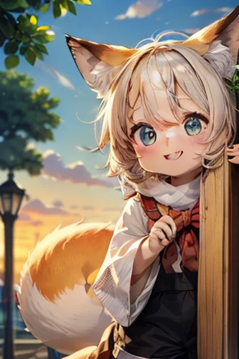 masterpiece， best quality， high definition ，8ｋ， detailed，cute，Chibi character，((Personification:1.5))， Baby Fox ，beautiful，Beautiful，Fluffy coat，Smiling face，(Small ears），