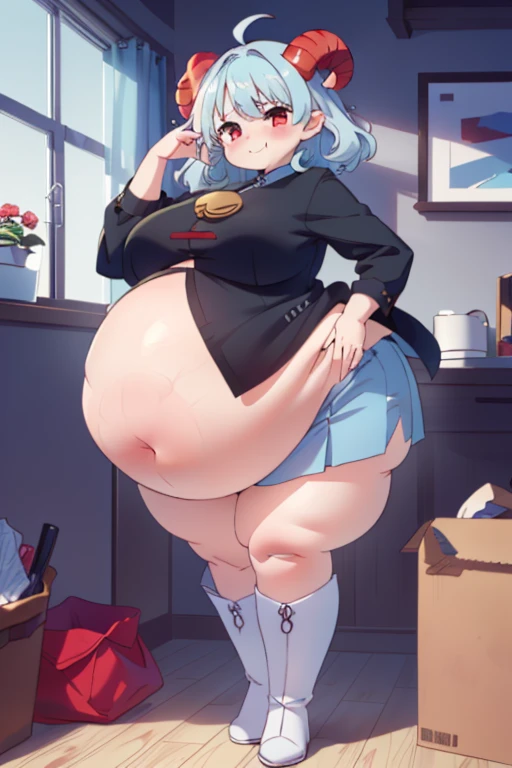 Highest quality、Ultra-high resolution、Fantasy、roleplaying game、Busty waitress、Inside the izakaya、freckles, massive belly, huge belly, enormous belly, giant belly