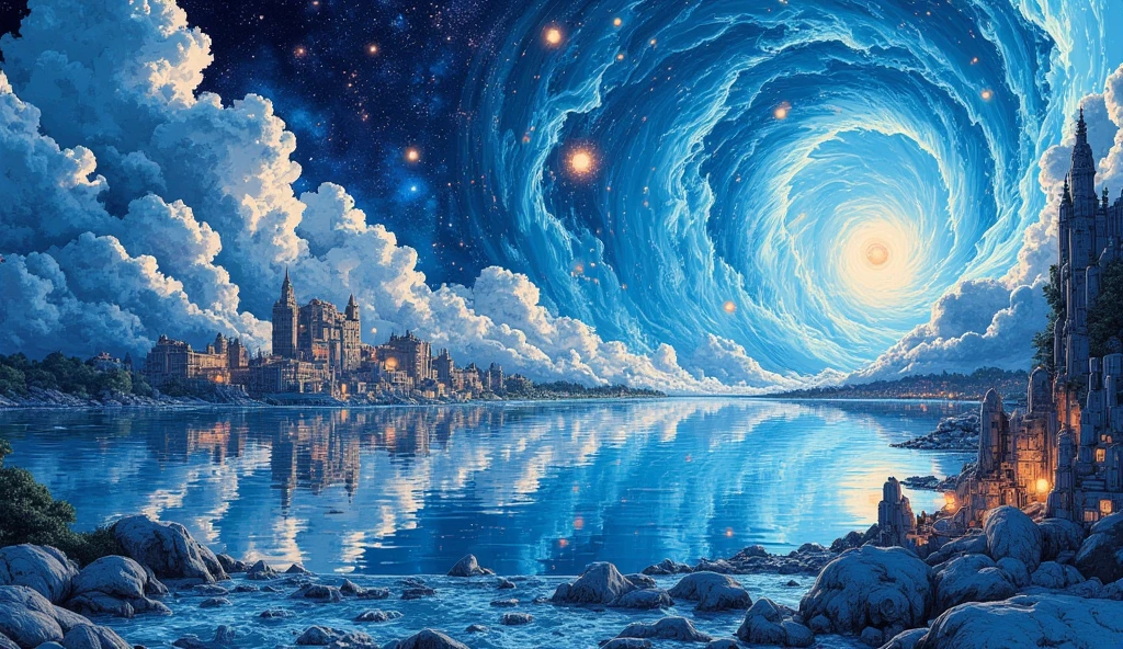 A large expanse of water in space, with images of beautiful earth cities reflected in it.