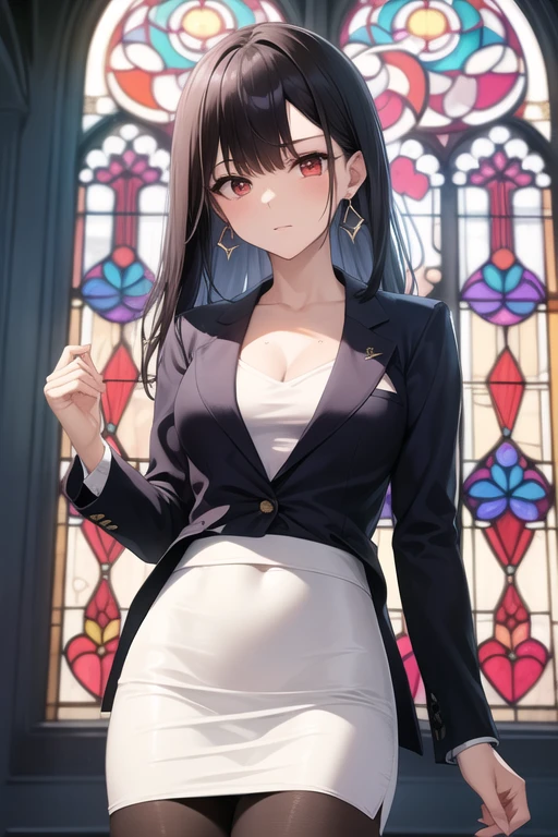 ( best quality, masterpiece:1.2), sunlight shining through a stained glass window,  beautiful lighting,  deep shadow , Long Hair,black,red_eye, navy blue_ blazer,blouse_white,    pencil skirt_white, pantyhose _black,clavicle,  earrings for women  ,Women&#39;s Pendants, head to knee configuration  ,Stand Upright, 1 girl ,Alone,  is anatomically correct ,