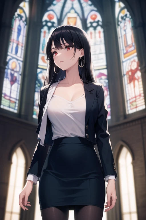 ( best quality, masterpiece:1.2), sunlight shining through a stained glass window,  beautiful lighting,  deep shadow , Long Hair,black,red_eye, navy blue_ blazer,blouse_white,    pencil skirt_white, pantyhose _black,clavicle,  earrings for women  ,Women&#39;s Pendants, head to knee configuration  ,Stand Upright, 1 girl ,Alone,  is anatomically correct ,