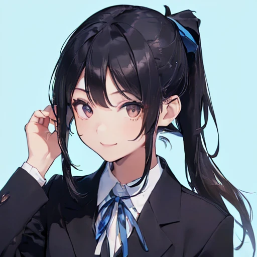 (( face up:1.7,  stares at viewers:1.5)), front, ((Solo Shot)), 1 Girl,  College Student , Modern Japanese, (smile:1.4), Student Council President, (( black hair:1.8)), ((1 long ponytail:1.5)), (( no bangs :1.5)), Her forehead, Forehead, hairpin, Black Eyes, (( Eyes with Highlights:1.5)), ((black blazer school uniform), ((blue school ribbon )), white simple background, Science