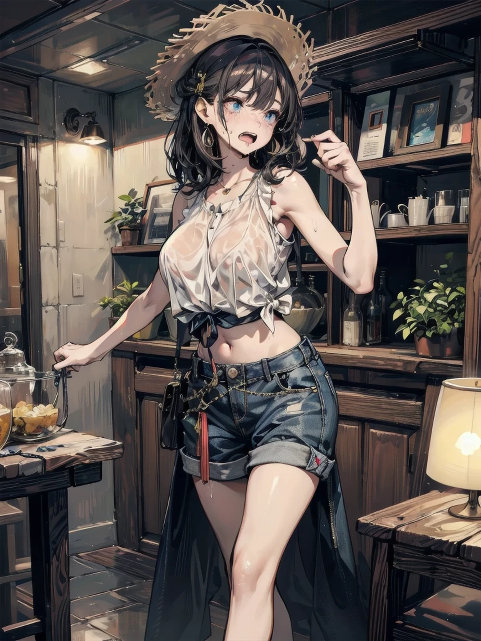 ((topless)), flat chest, nsfw, hair ribbon, white leggings, masterpiece, 1 girl, erect nipples, intricately detailed, erect nipples, pubs, table, crowd, navel, bare shoulders, necklace, beer, tavern, inn, pub, crowd, brown hair, embarassed, smiling, extremely detailed, photorealistic, octane render, 8 k, unreal engine, bare breasts, nipples, carrying beer tray, bare stomach, sweaty, people on background, oktoberfest, smiling, moist breath, child, arm strap, small breasts, long hair, blush, bare shoulders, brown hat, brown shorts, peace sign, winking, bare arms, bare elbows, sleeveless, wet, hu tao(genshin impact), boo tao, ymbol shaped pupils
