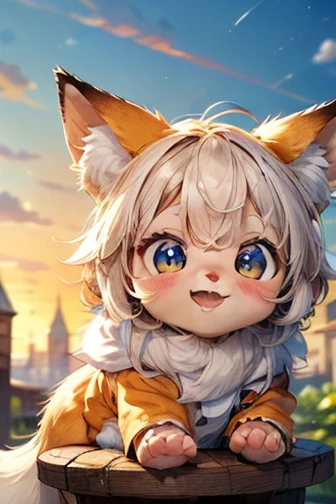 masterpiece， best quality， high definition ，8ｋ， detailed，cute，Chibi character，((Personification:1.5))， Baby Fox ，beautiful，Beautiful，Fluffy coat，Smiling face，(Small ears），