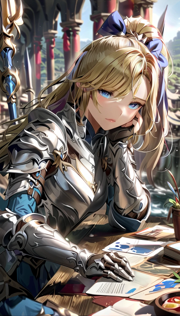  best quality、  Unity 8K Wallpaper、32K、masterpiece、 Very detailed、  ultra high resolution、 Very detailedな顔、 RAW photo、professional、Ultra-detailed paintings、Female Knight、 blue eyes、Blonde、 long ponytail、 blue dress 、Silver Armor、Shoulder rest、breastplate、Small Hands、waist support 、Shin guards、Ready your spear