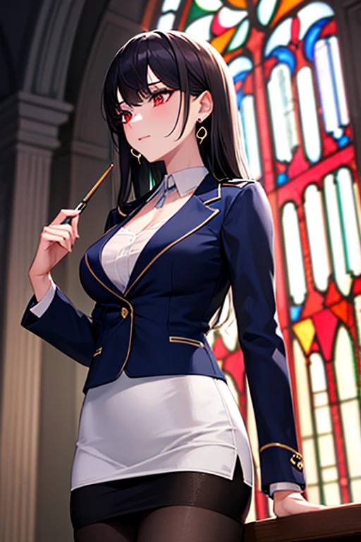 ( best quality, masterpiece:1.2), sunlight shining through a stained glass window,  beautiful lighting,  deep shadow , Long Hair,black,red_eye, navy blue_ blazer,blouse_white,    pencil skirt_white, pantyhose _black,clavicle,  earrings for women  ,Women&#39;s Pendants, head to knee configuration  ,Stand Upright, 1 girl ,Alone,  is anatomically correct ,