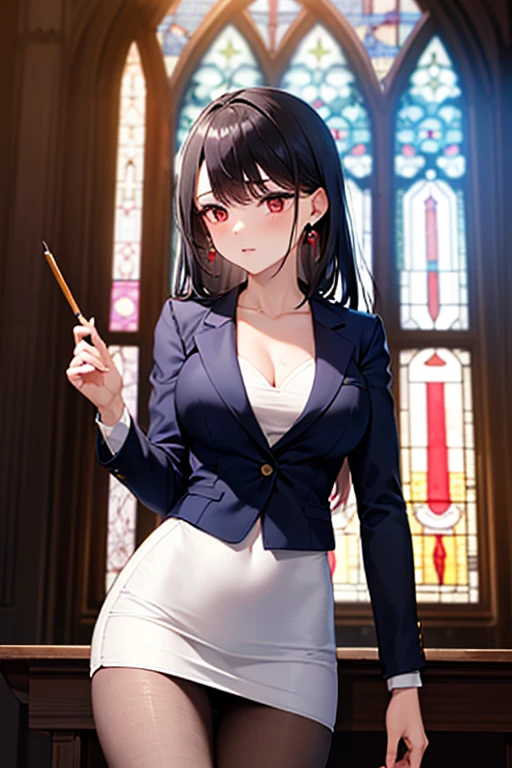 ( best quality, masterpiece:1.2), sunlight shining through a stained glass window,  beautiful lighting,  deep shadow , Long Hair,black,red_eye, navy blue_ blazer,blouse_white,    pencil skirt_white, pantyhose _black,clavicle,  earrings for women  ,Women&#39;s Pendants, head to knee configuration  ,Stand Upright, 1 girl ,Alone,  is anatomically correct ,