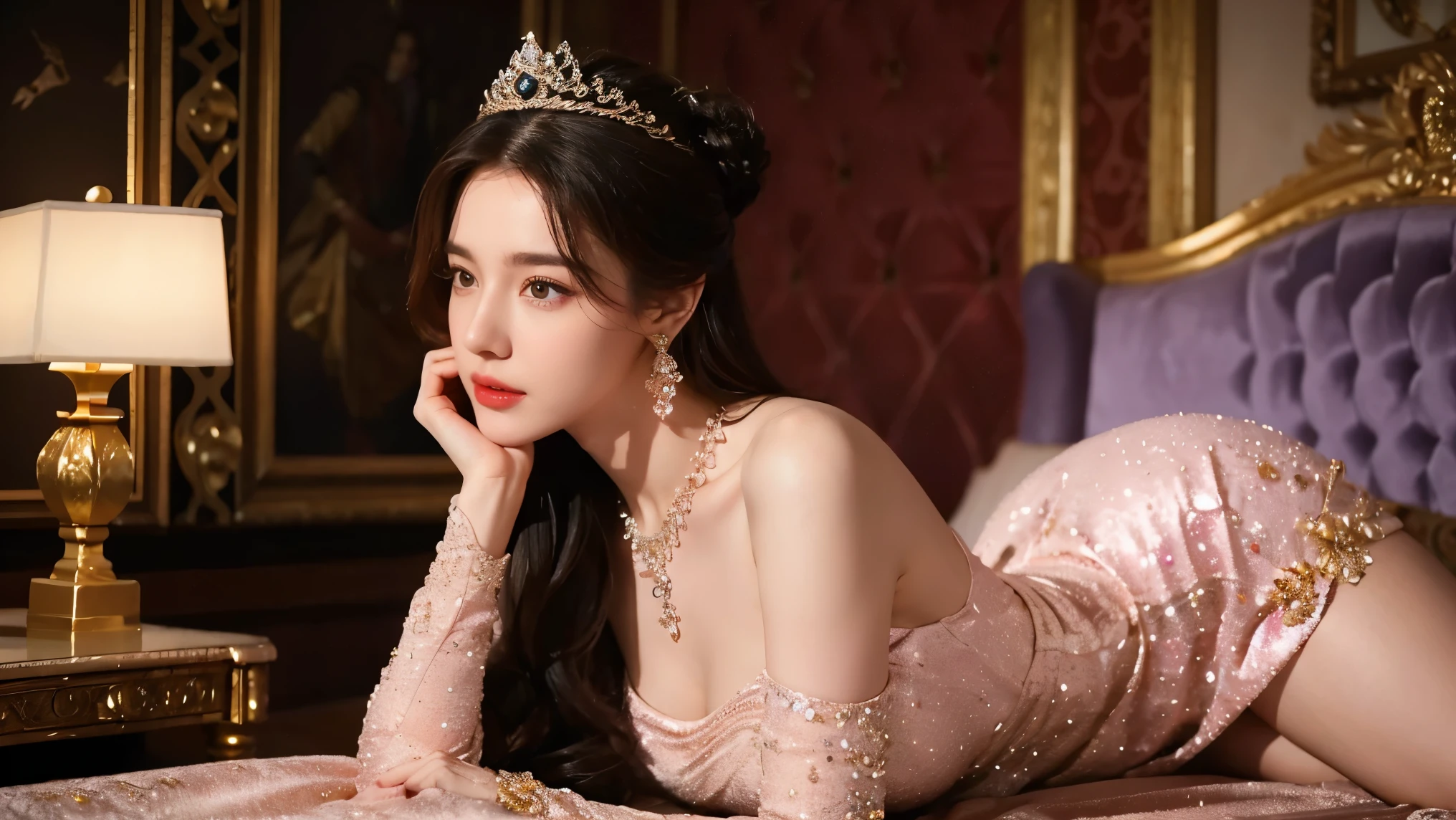 (Realisticity: 1.2), Best quality, 8K  UHD, Masterpiece, A high resolution,CG, 1 Super meticulous girl, Super detailed queen，fully body photo，Jade foot，Long legs， Super elaborate palace scene, Inviting, Fox Palace background, Beautiful and detailed, Super fine long hair, Wearing a beautiful and luxurious diamond crown，Super meticulous, Super detailed dress, Super detailed dress sleeves, Super detailed beautiful earrings, Beautiful beautiful necklace，Full of super detailed diamonds, Solo, jewelry, Super detailed red and blue dress, Pretty face, fully body photo，Long legs， Beautiful, Tight noble heels，and super detailed, , Earrings, Super detailed hairstyle, spatter, The upper body is very ultra-delicate, Super delicate bun, Super fine brunette hair, lighting,candid,photographed,high resolution,8K,Bokeh,
