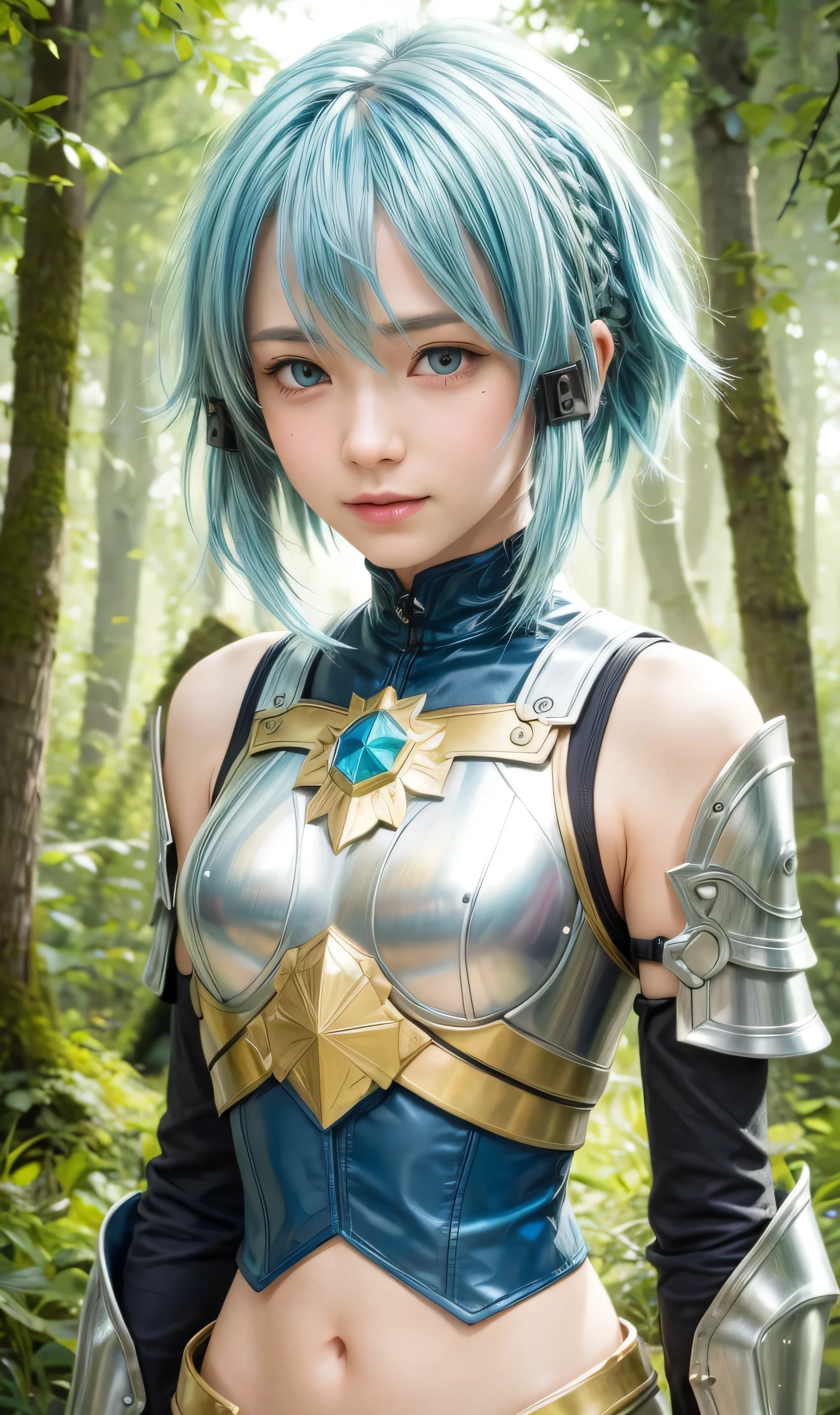 masterpiece, best quality, (realistic,photo-realistic:1.4), (RAW photo:1.2), extremely detailed CG unity 8k wallpaper, delicate and beautiful, amazing,finely detail, official art, absurdres, incredibly absurdres, huge filesize, ultra-detailed,extremely detailed eyes and face,light on face,sinon,(little smile),(short hair:1.4),(armor:1.5),(forest background:1.4),(sidelocks:1.4),hair clips,(blue hair:1.4),hair ornament
