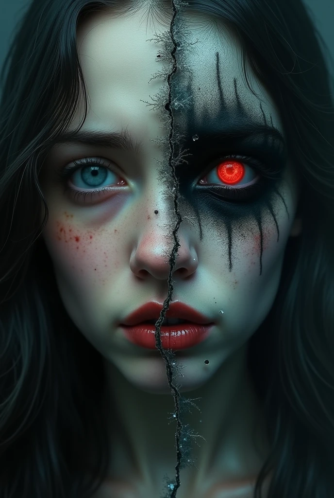 A book cover of a crying girl with soft features and there's a glass crack in the middle of her face so only the left side of her face remains and on the right side of the glass crak is the face of her villaim self with sharp features. The villain self has red eyes and and has a cold look, a big contrast to the crying lool of the crying girl on the left side of the glass crack