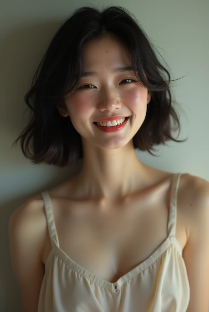 (Highest quality, 8k, 32K, masterpiece, Ultra-high resolution:1.2), Beautiful Japanese Women Photo, arched eyebrows, mischievous grin; provocative, short straight hair, natural beauty, (Leaning forward:1.3), (close:1.4), indoors, cleavage, Blurred Background