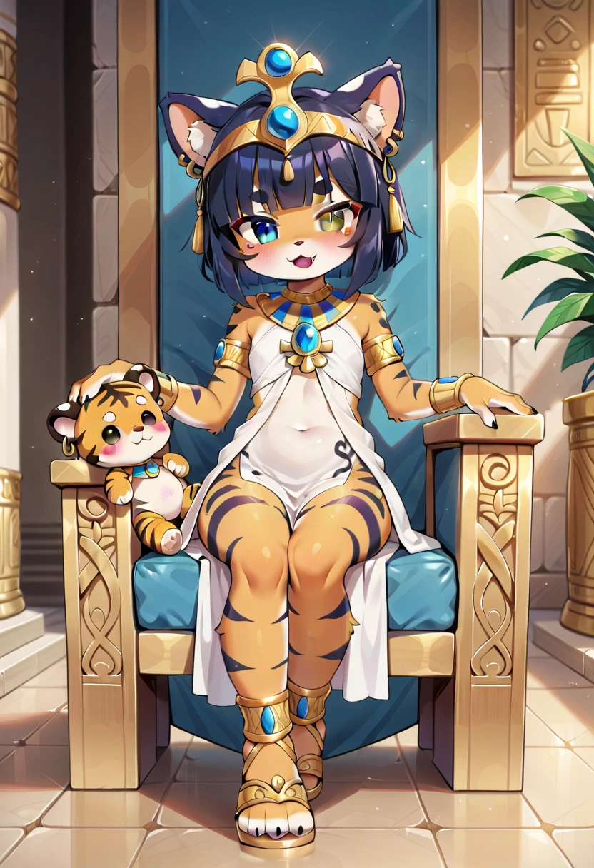 masterpiece, high resolution, best quality, (anthro, textured fur, fur tufts, furry tiger girl, baby body, baby height, flat chest, animal face, animal skin, animal fur, tiger ears, tiger tail), heterochromia, multicolored hair, short hair, piercing, makeup, tattoo, Egyptian crown, Egyptian dress, gladiator sandals, gold jewelry, sitting on a throne, proud, domineering