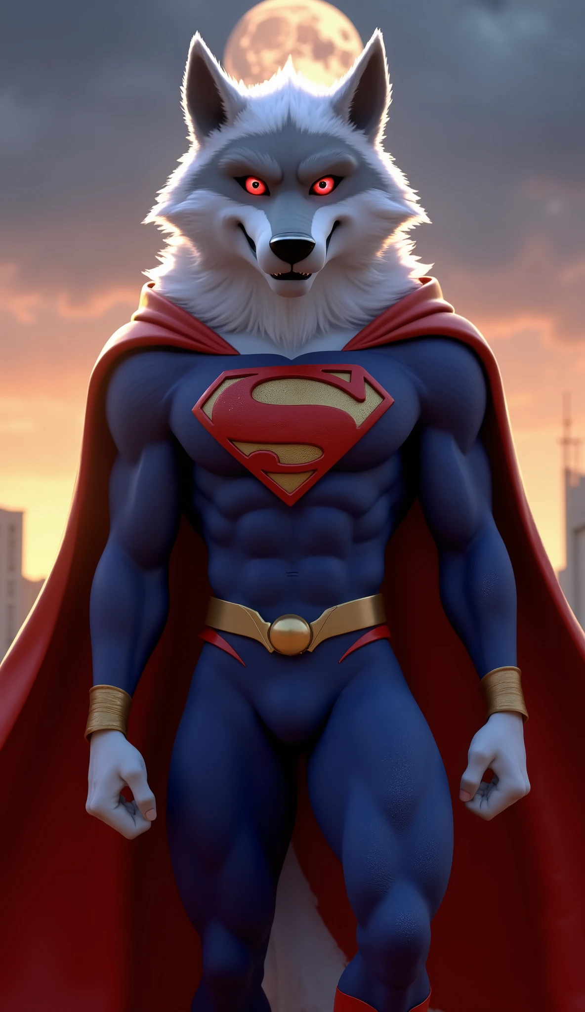 high quality, masterpiece, digital media (artwork), highly detailed fur and face, muscular male anthro death wolf, white fur, piercing red eyes, adult, looking directly at the viewer. Sharp focus, 8K resolution, highly detailed, cinematic lighting, vivid colors, golden hour ambiance blending with full moon night. Realistic CGI and 3D art style with a DC Comics-inspired comic book style. Hollywood background, wearing a Superman-inspired uniform, iconic "S" symbol on the chest, flowing red cape, and blue suit with red accents. Outdoor scene, solitary figure, dramatic and heroic atmosphere.