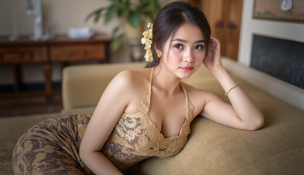 Indonesian woman wearing thin straps tank top kebaya, lying on sofa, looking side, serious expressions