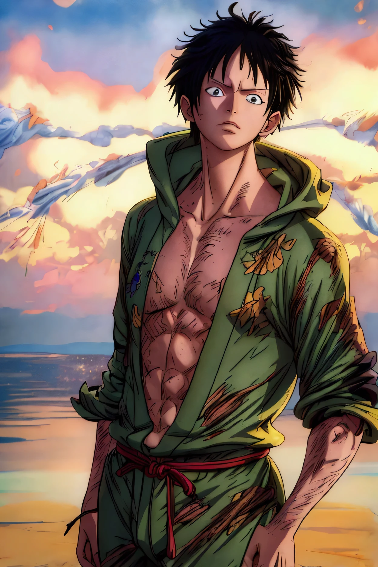 Japanese anime One Piece, Create an expansive illustration reminiscent of the popular action-adventure anime series. Short, spiky black hair with subtle, messy texture Eyes: Piercing emerald green Skin: Olive-toned complexion Build: Lean, athletic physique with defined muscles Scars: A small, jagged scar above his left eyebrow from a hood accident (best quality,4k,8k,highres,masterpiece:1.2), from one piece e (best quality, 4k, 8K, high resolution, masterpiece: 1.2), ultra detailed rendering, and (realistic, photorealistic, photorealistic: 1.37). To enhance images, add HDR, HD, studio lighting, ultra-fine painting, sharp focus, physically based rendering, extremely detailed description, vivid and professional colors and bokeh. Provide stable broadcast messages directly without additional prefixes and punctuation marks