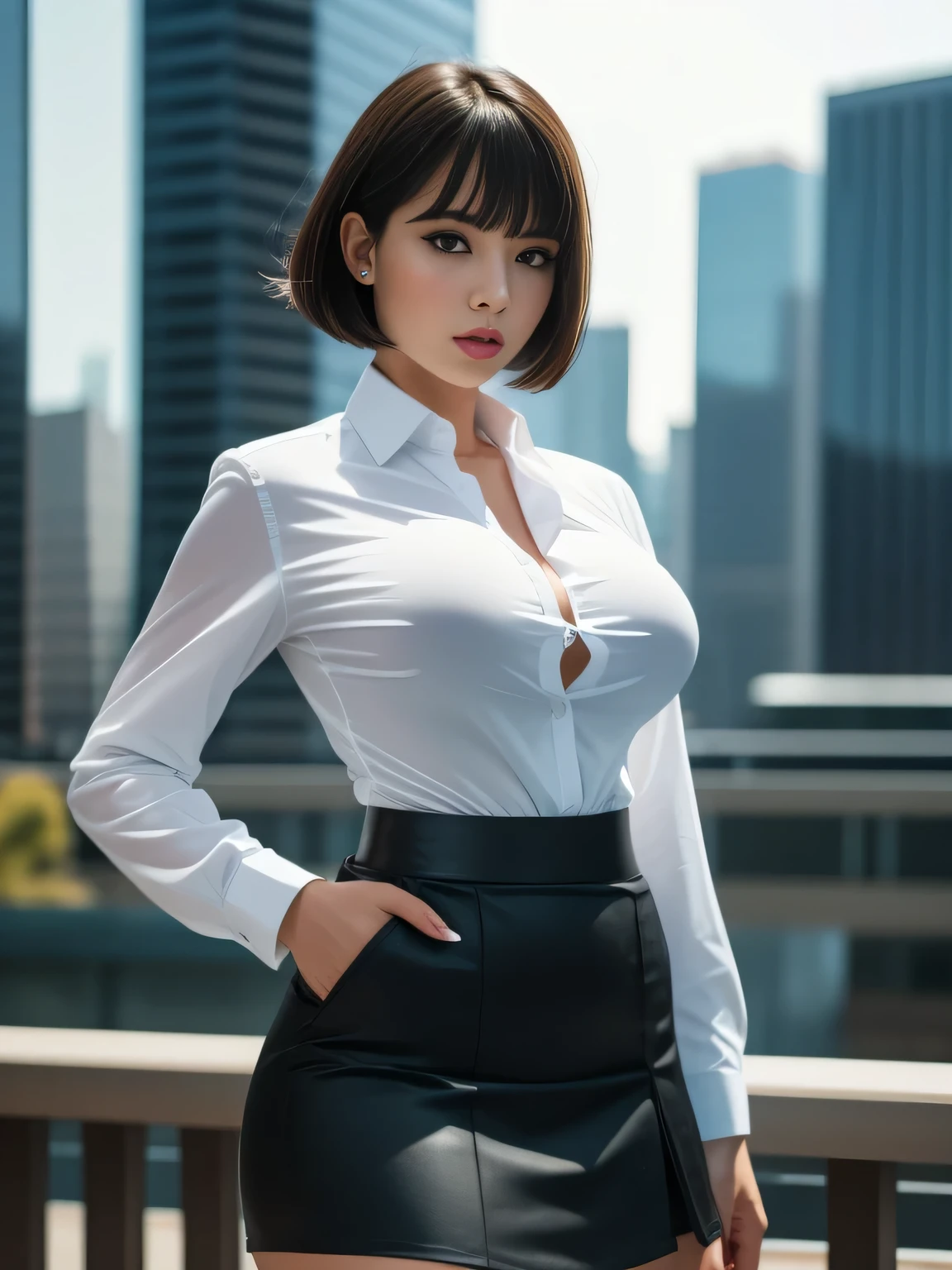 Tight-fitting business jacket, High-waist pencil skirt, Wear business shirt under jacket, (Shirt tucked into skirt:1.5), Pantyhorse, Office district, Skyscrapers in the background, Daytime,
8K Quality, (High Resolution:1.25), (Realistic photo:1.5), (Raw photo:1.25), (Extremely detailed photo), (White balance:1.25), Absolute masterpiece,
(Looking at the viewer:1.3), Staring, Standing,
(Big breasts:1.2), (Lip make-up), Glossy skin, Bangs, Short wavy bob, Ultra pretty girl