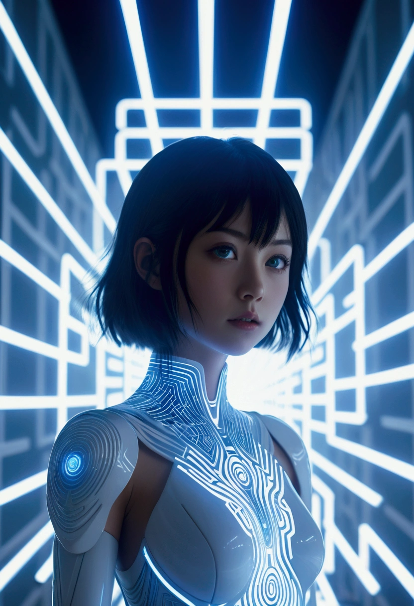 A massive female Genius female idol Yuki AI entity formed from glowing blue and white digital lines, her cold, emotionless eyes gazing at a young girl standing in a maze of light, futuristic and abstract surroundings, cinematic composition, glowing cybernetic aesthetics, highly detailed and atmospheric