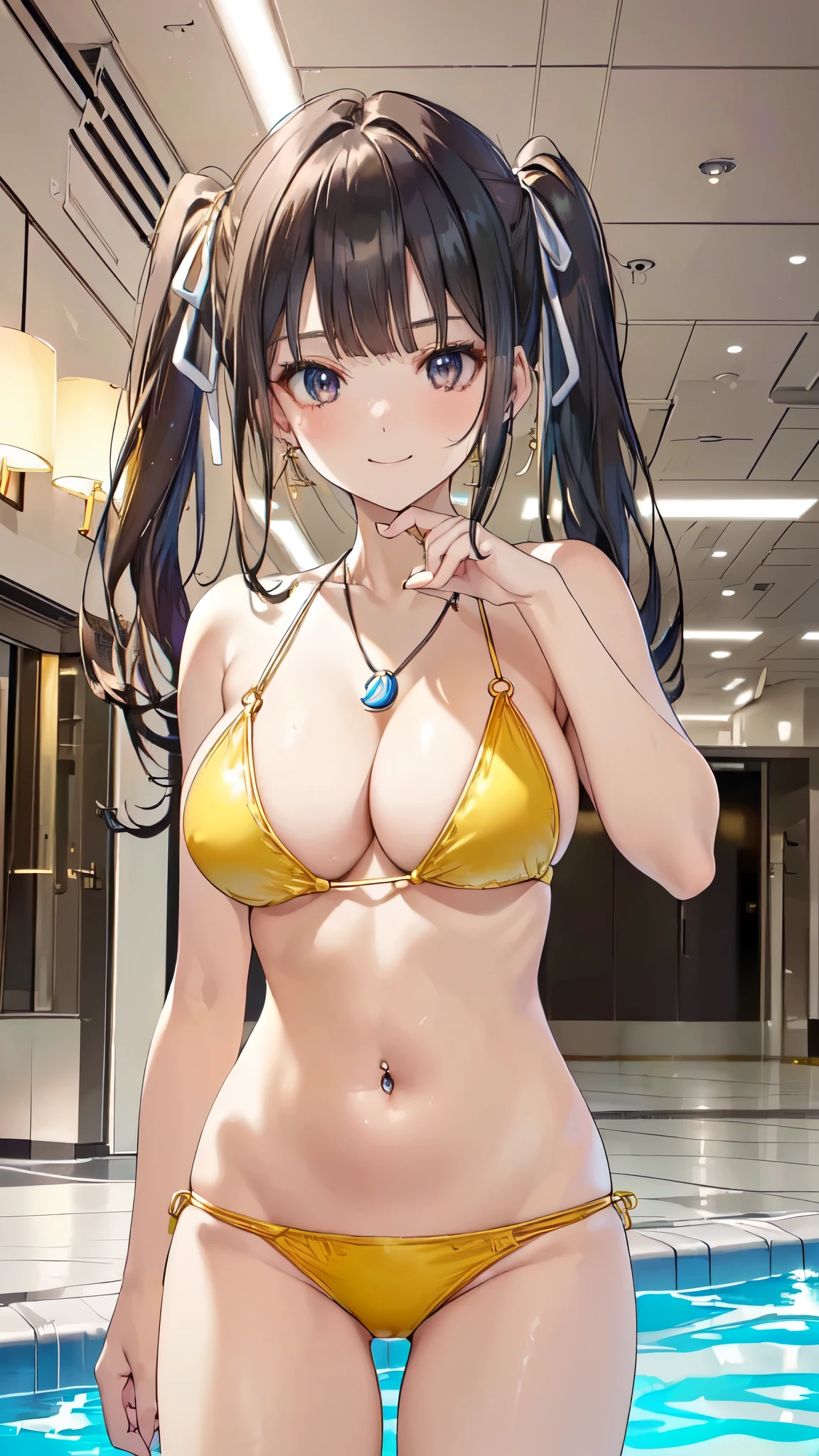 8K、Highest image quality、highest quality、masterpiece)、detailed face, (gigantic cleavage breasts:1.4),(black hair,straight twintails,blunt bangs, hair ribbon),shiny eye,(indoor,nightclub,inhabited, colorful light,pool side:1.5), great,(micro golden bikini,navel pierce:1.5),((plunging,groin,pendant,navel pierce,cowboy shot:1.5)),  (((the vulgar))), (evil smile,smile,Happy),((standing,straight on,from the  front,face focus:1.4)),(shiny skin,oily skin), hands out, Smiling,