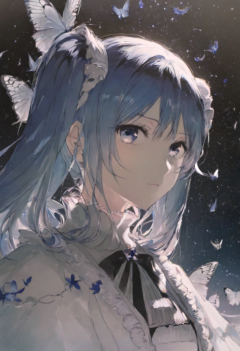 Masterpiece, best quality, very aesthetic, absurdres, 1girl, solo, rella, blue hair, blue eyes, butterfly, night sky, starry sky, star (sky) frown, sad