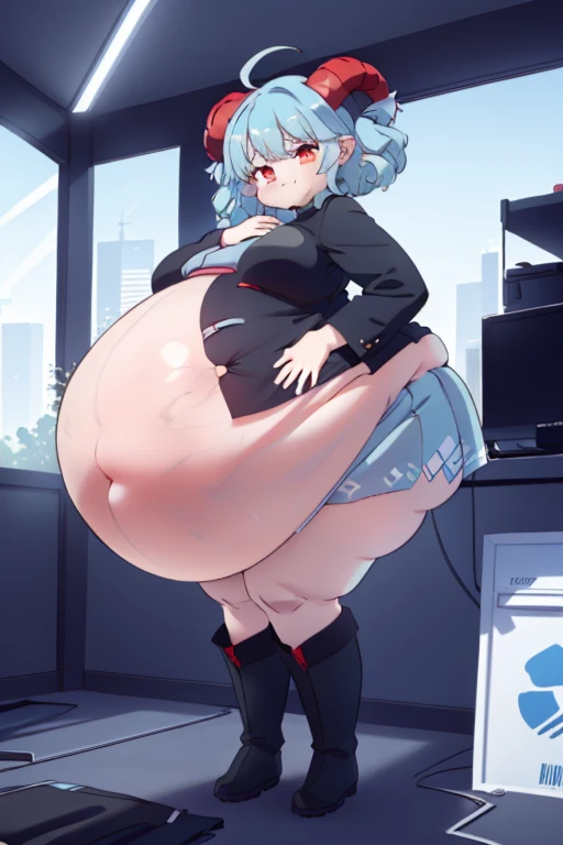 (masterpiece, best quality, highly detailed), 1girls, big belly, huge belly, art by kipteitei, round belly, chubby, curvy, belly grab, enormous belly, fat belly, thicc, bigger belly, really big belly, jiggly belly, glasses, gym clothes, thighhighs, smug face, sitting, high heels, ((full body)), ((dominant)), (giantess)