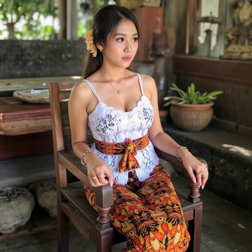 Indonesian woman wearing white thin straps tank top kebaya, long batik skirt, lying on wooden chair, looking side, serious expressions, rustic traditional wooden house room, sagging breasts, very long breast. dramatic lighting