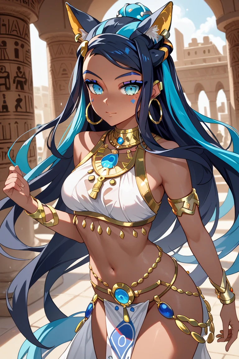 nessa, black hair, blue hair, long hair, multicolored hair, blue eyesperfect face, (perfect eyes), sidelocks, animal ears, facial mark, hoop earrings, headband, egyptian clothes, revealing clothes, pelvic curtain, jewelry, score_9, score_8_up, score_7_up,source_anime,BREAK,