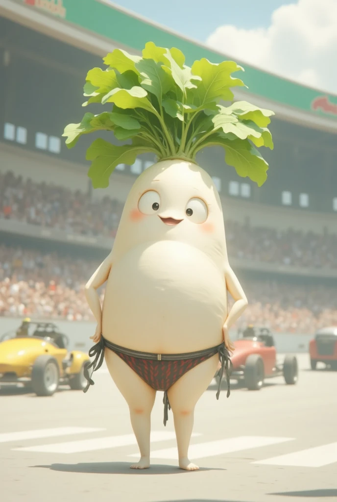 Create an image of an ultra-cute race queen character with a twist: she is an anthropomorphic white radish with limbs. She has the form of a Japanese daikon radish integrated into her body structure, giving her a unique and adorable appearance. Her large, expressive eyes sparkle with vibrant life, complementing her chic racetrack outfit composed of a snug-fitting crop top and shorts in shiny black latex with red racing stripes. Her leafy green 'hair' cascades down gracefully, giving her an elegant yet playful look. She is posed confidently with one hand resting on her hip and the other holding a tiny checkered flag, her expression playful yet determined. The setting is a bustling racetrack filled with the energy of high-speed excitement, with blurred crowds and colorful racing cars adding dynamic background elements. Include the vibrant atmosphere of an anime world, filled with vivid colors and exaggerated features, ensuring this daikon race queen exudes charm and allure, captivating the hearts of the audience.