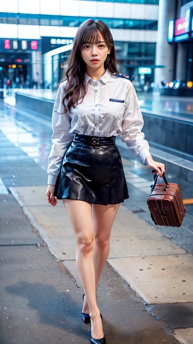 A beautiful, 24-year-old Japanese woman with perfect anatomy, healthy thighs, beautiful legs, beautiful skin, random hair color and style, large breasts, wearing a flight attendant uniform (1.3) with a mini-skirt (1.3), full body shot, pumps, carrying a suitcase, at the airport, (best quality,4k,8k,highres,masterpiece:1.3),(extremely detailed:1.2),realistic,photorealistic,photo-realistic:1.37,professional,vivid colors,studio lighting