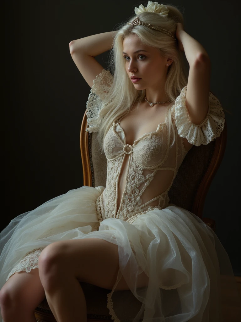 skinny girl, looks like anya taylor-joy, transparent open dress, lace, white long hair, dark eyes, realistic, dramatic light, dark aesthetic, diadem, pearl, white flowers, open legs, ankle chain, elegant shoes, renaissance style, sits languidly on a chair, open armpits, hands behind head, best quality, very detailed