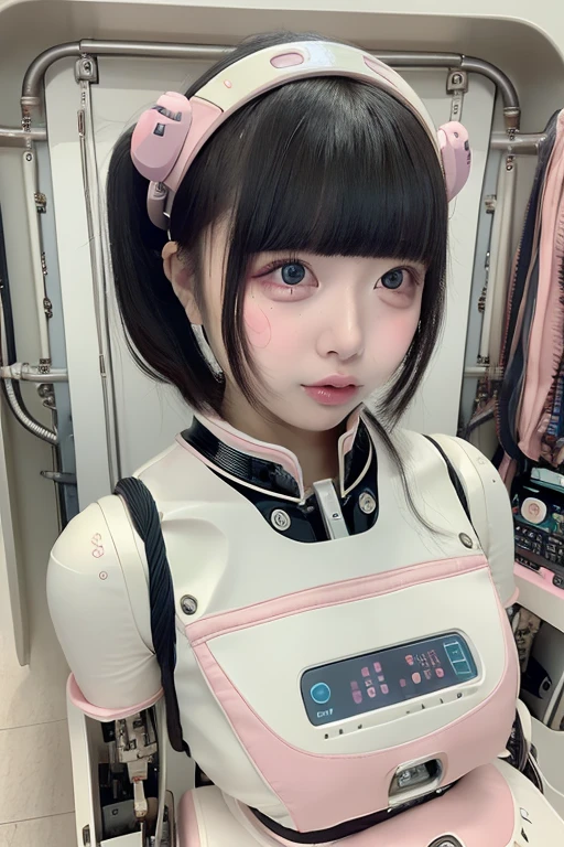 masterpiece, best quality, extremely detailed,portrait,front view,Japaese android girl,Plump,pastel color uniform, control panels,android,Droid,Mechanical Hand, Robot arms and legs,Blunt bangs,long tube,thick cable connected her neck