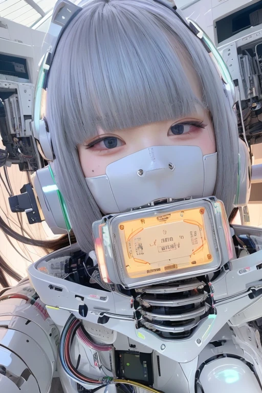 masterpiece, best quality, extremely detailed,portrait,front view,Japaese android girl,Plump,pastel color uniform, control panels,android,Droid,Mechanical Hand, Robot arms and legs,Blunt bangs,long tube,thick cable connected her neck