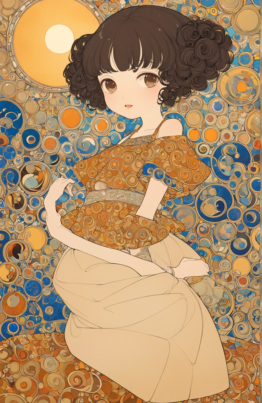 1 girl tiny body, large head, little fat, little smile, half open mouth, brown eyes, forehead, black curly hair, low twintails hair, dot pattern long-skirt, medium tits, legs, sunrise, shy, looking away, George Barbier: Art-Déco style, paul-klee: abstract style, Gustav Klimt: art nouveau style,